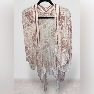 Willow & Root Boho Kimono Cover Up Maroon Cream 100% Rayon - Size M